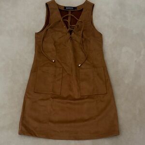 Camel Faux Suede Lace-Up Shift Dress